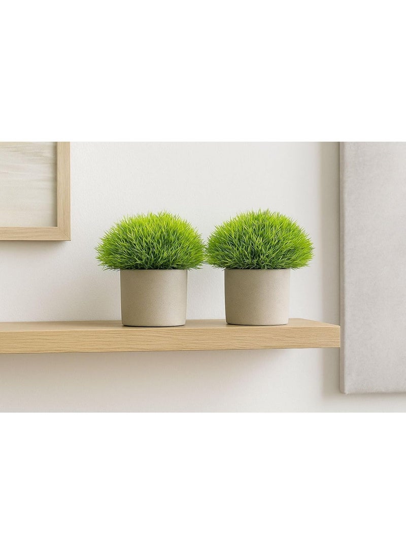 Artificial Mini Green Plant with Grey Clay Pot Small Fake Decorative Item for Home Office Bathroom Kitchen Table (Pack of 2) - Image 1